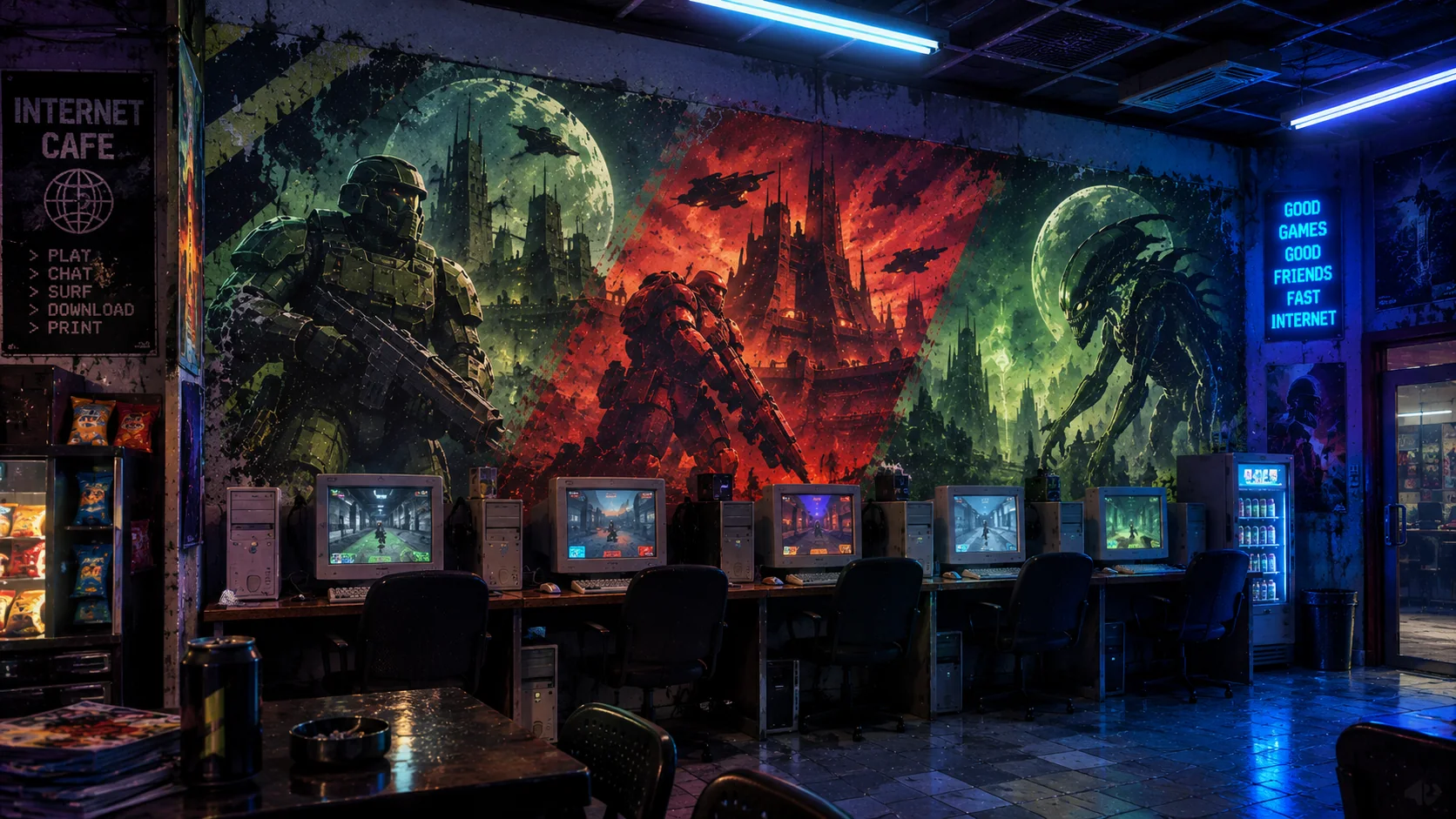 Dark futuristic internet cafe with a large sci-fi mural